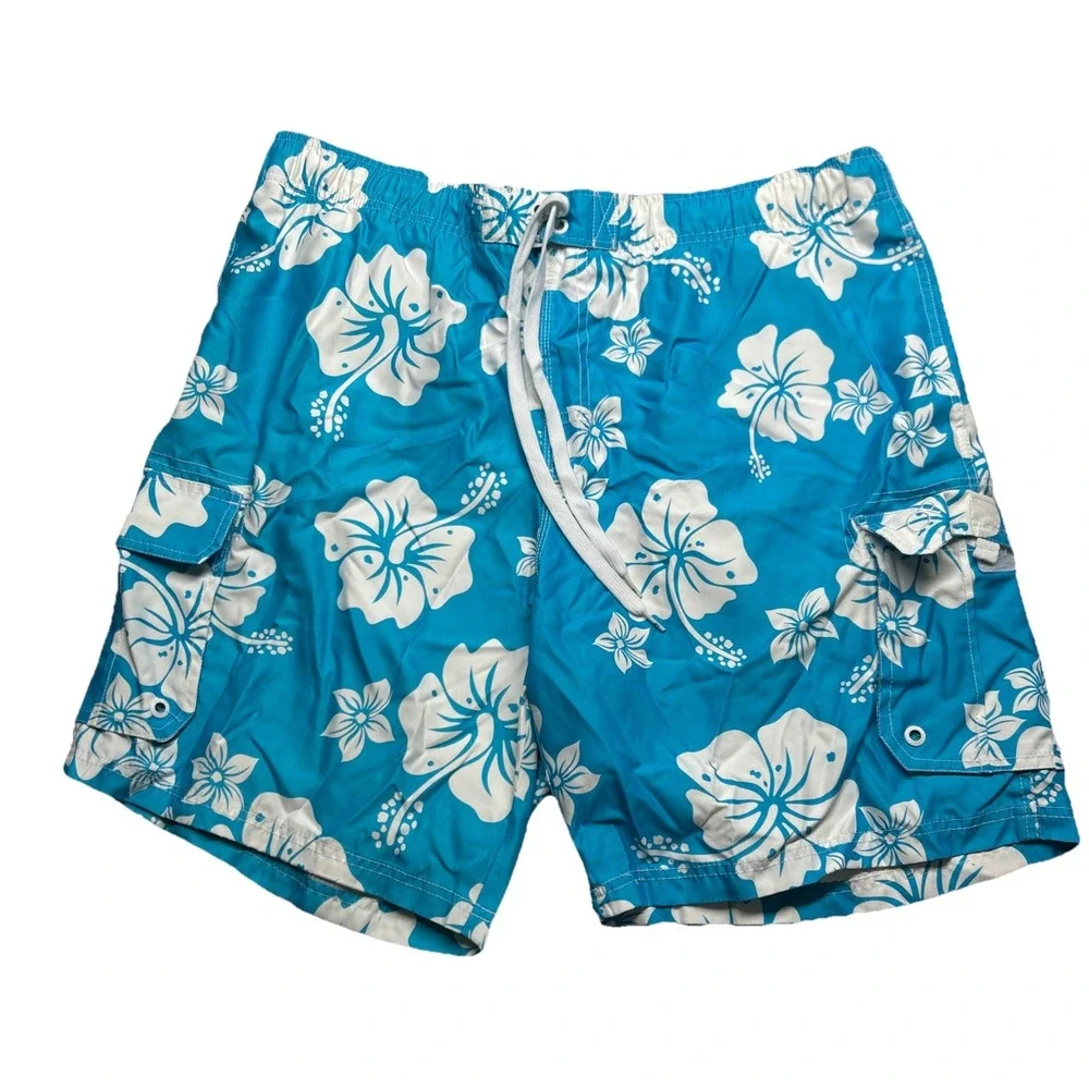 Op Mens 2XL Swimming Trunks Board Shorts Blue Tropical Floral OM13103YB